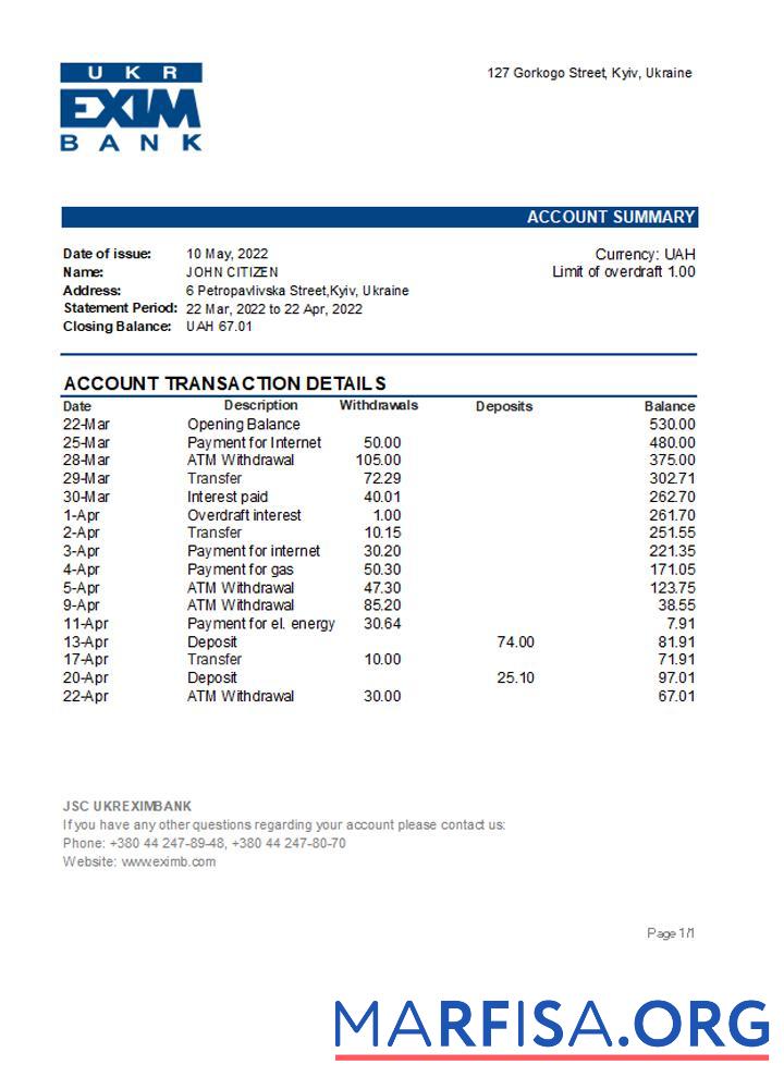Blank Ukraine Ukreximbank bank statement excel template